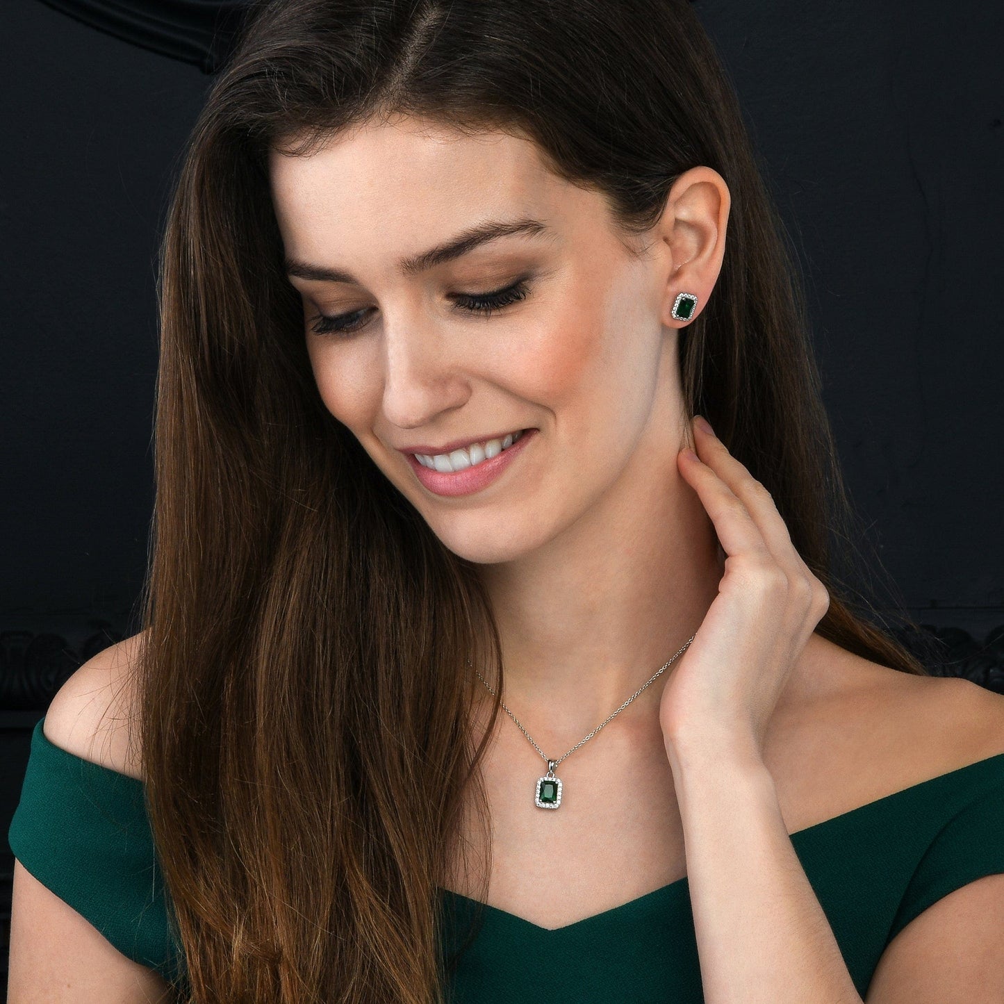 925 Sterling Silver Emerald Cut Green Halo Pendant Necklace For Women