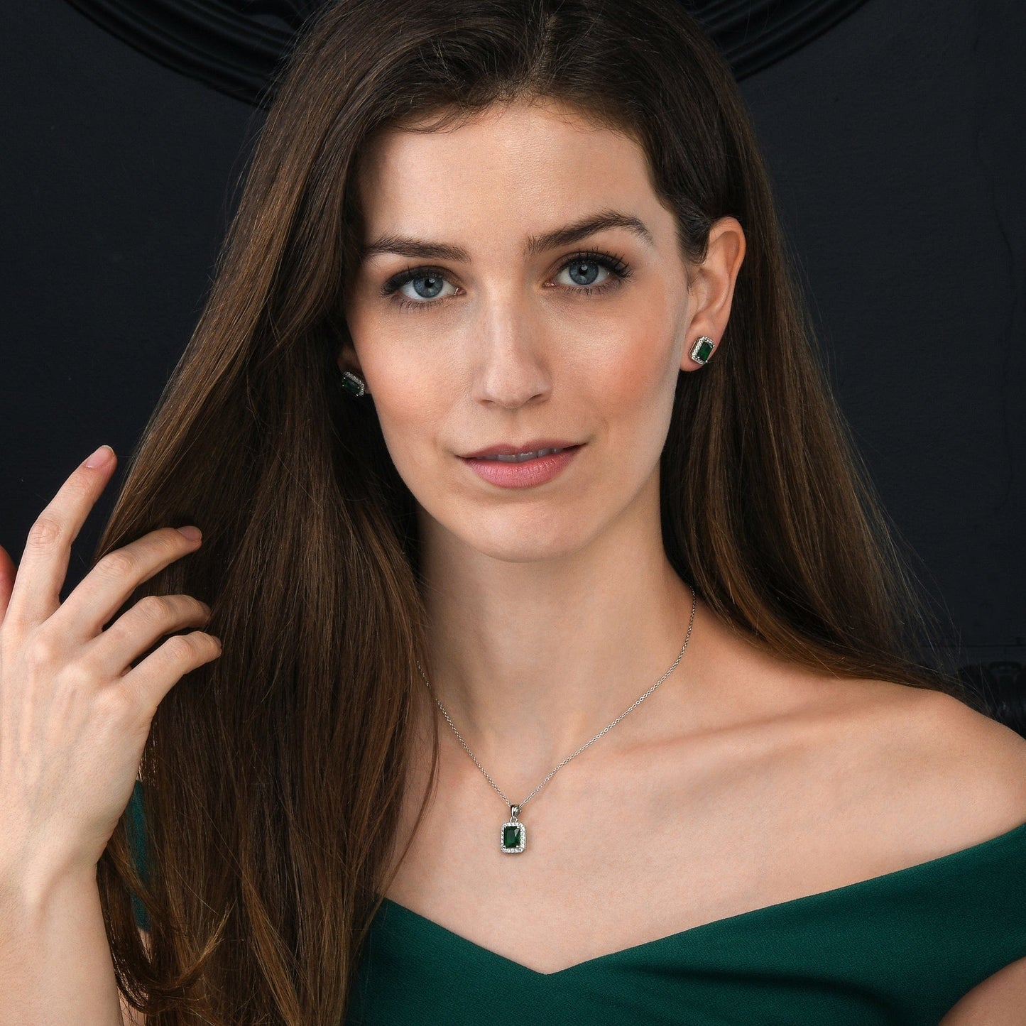 925 Sterling Silver Emerald Cut Green Halo Pendant Necklace For Women