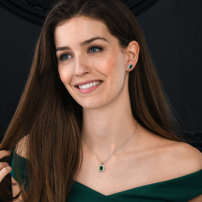 925 Sterling Silver Emerald Cut Green Halo Pendant Necklace For Women