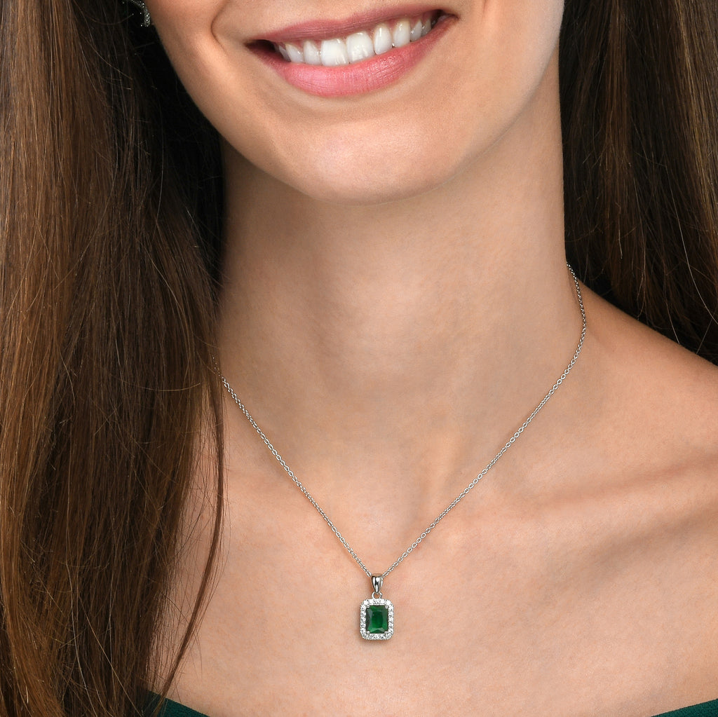 925 Sterling Silver Emerald Cut Green Halo Pendant Necklace For Women