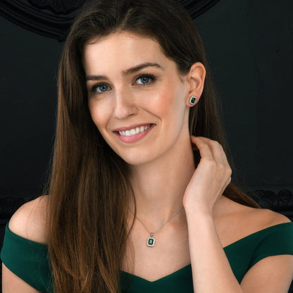 925 Sterling Silver Emerald Cut Green Halo Pendant Necklace For Women