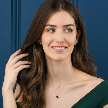 Gold Plated 925 Sterling Silver Green Rectangle Halo Pendant Necklace For Women