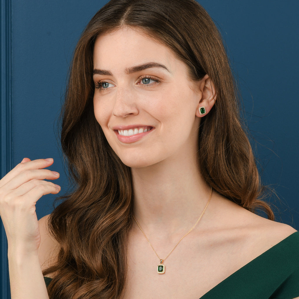 Gold Plated 925 Sterling Silver Green Rectangle Halo Pendant Necklace For Women