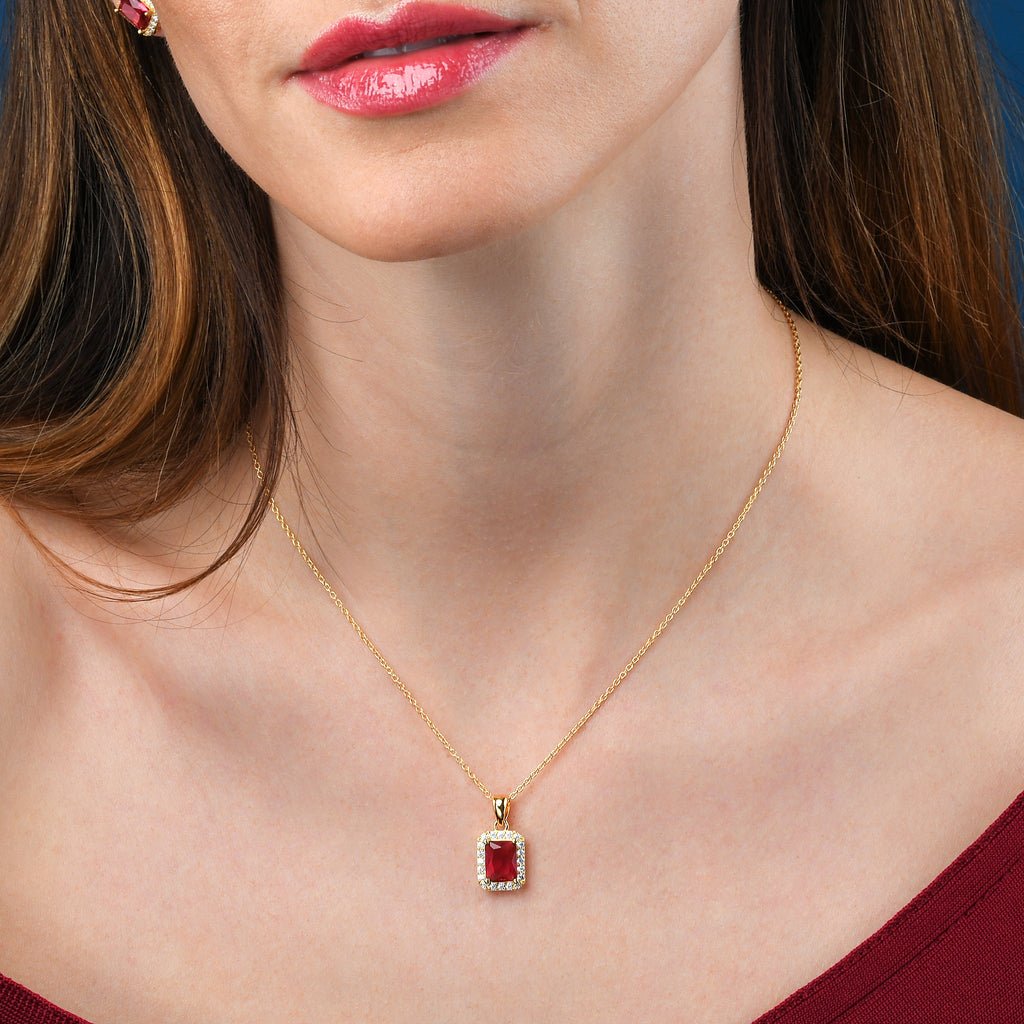 Gold Plated 925 Sterling Silver Red Rectangle Halo Pendant Necklace For Women