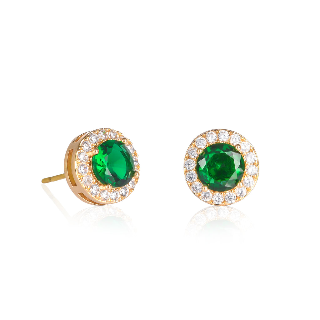 Gold Plated Classic Round Green Halo Stud Earrings with Cubic Zirconia For Women