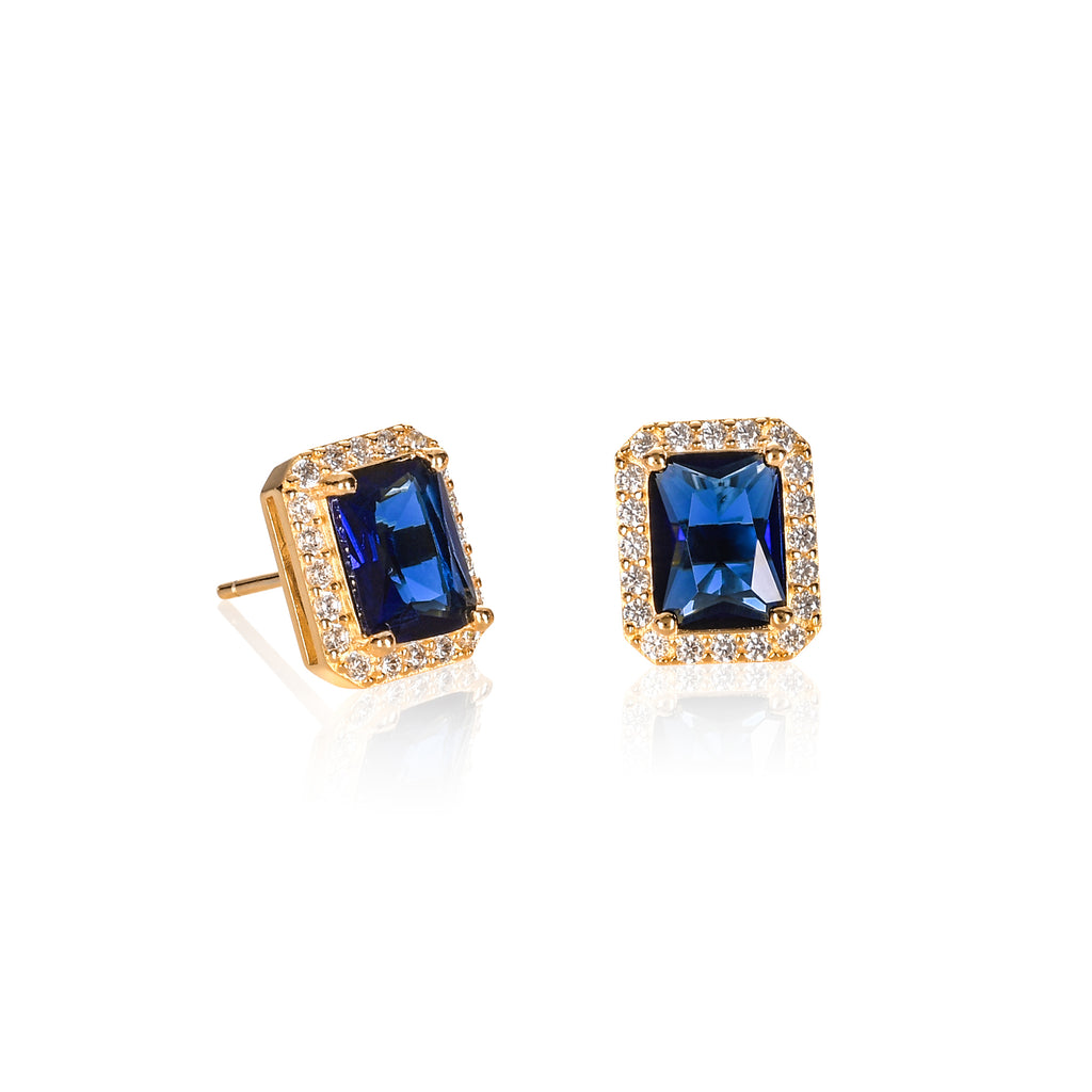 Gold Plated 925 Sterling Silver Rectangle Blue Halo Stud Earrings For Women