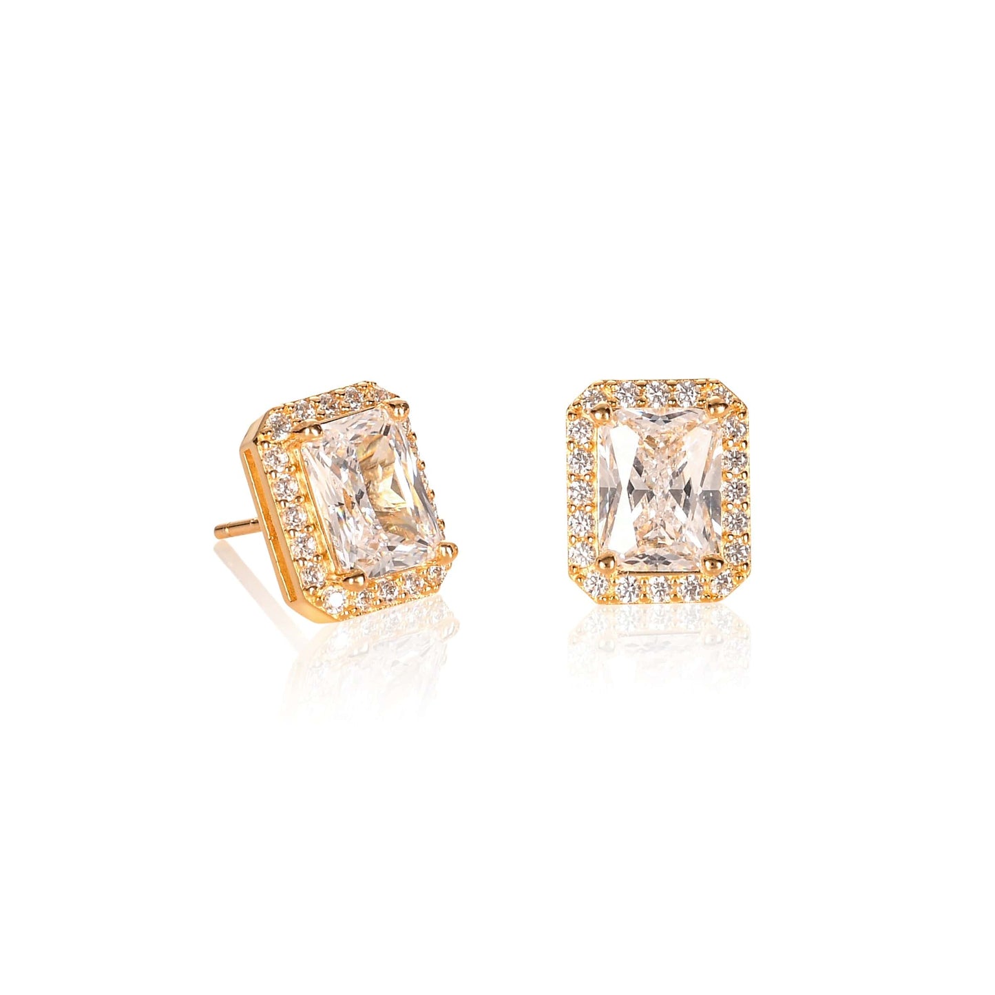 Gold Plated 925 Sterling Silver Rectangle Halo Stud Earrings For Women