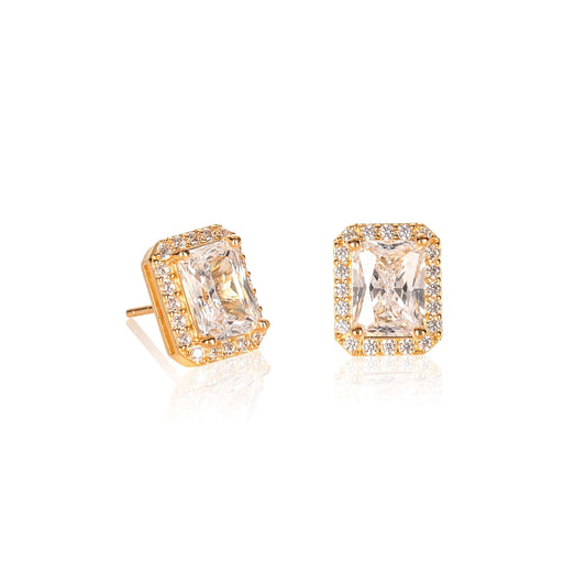 Gold Plated 925 Sterling Silver Rectangle Halo Stud Earrings For Women