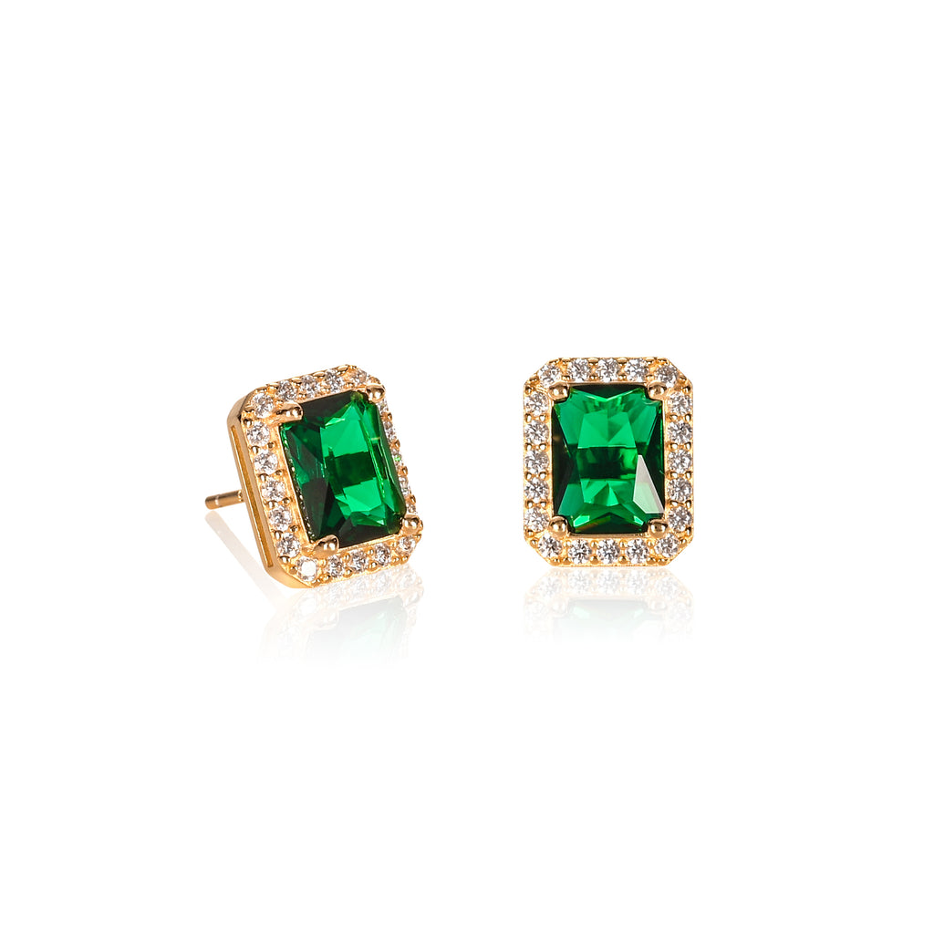 Gold Plated 925 Sterling Silver Rectangle Green Halo Stud Earrings For Women