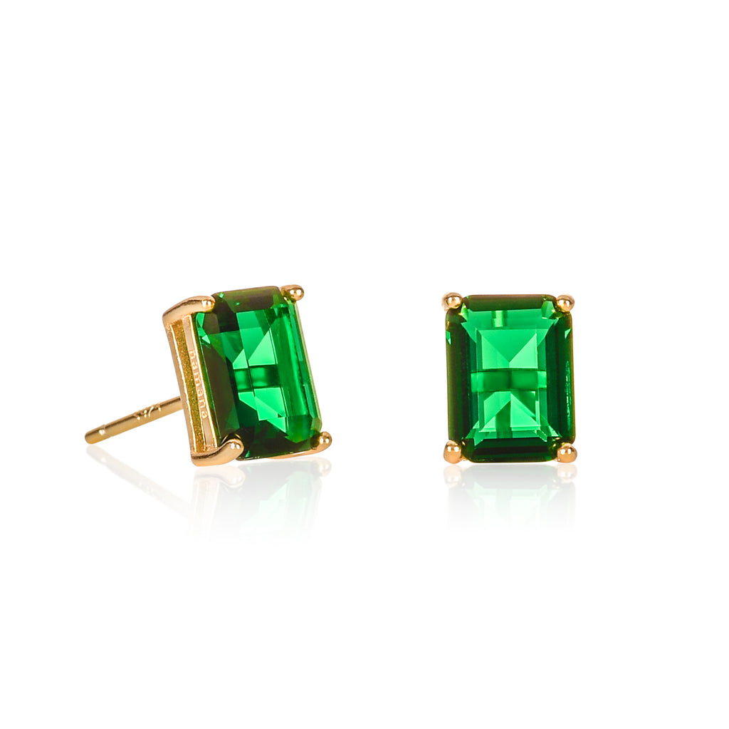 Gold Plated 925 Sterling Silver Rectangle Green Stud Earrings For Women