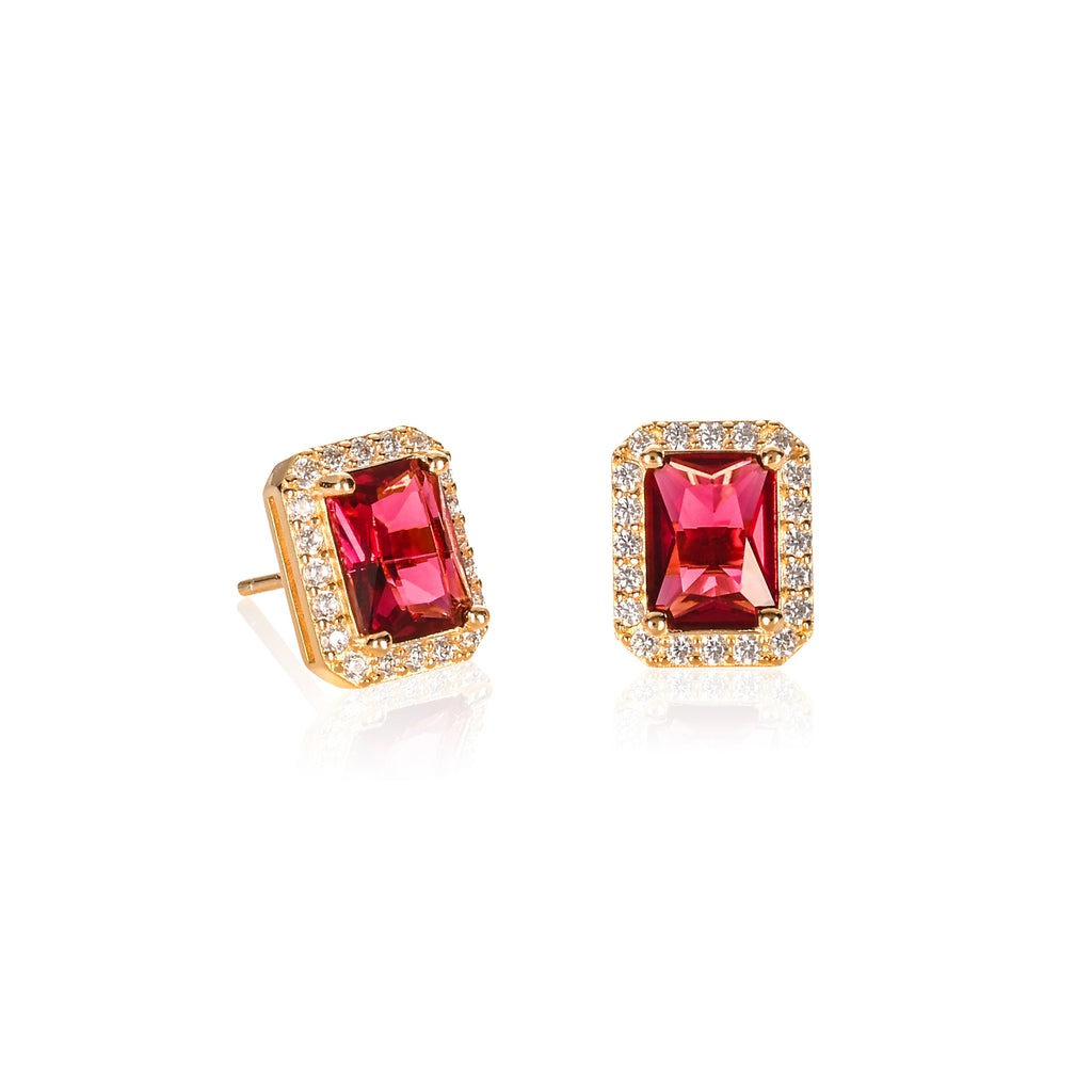 Gold Plated 925 Sterling Silver Rectangle Red Halo Stud Earrings For Women