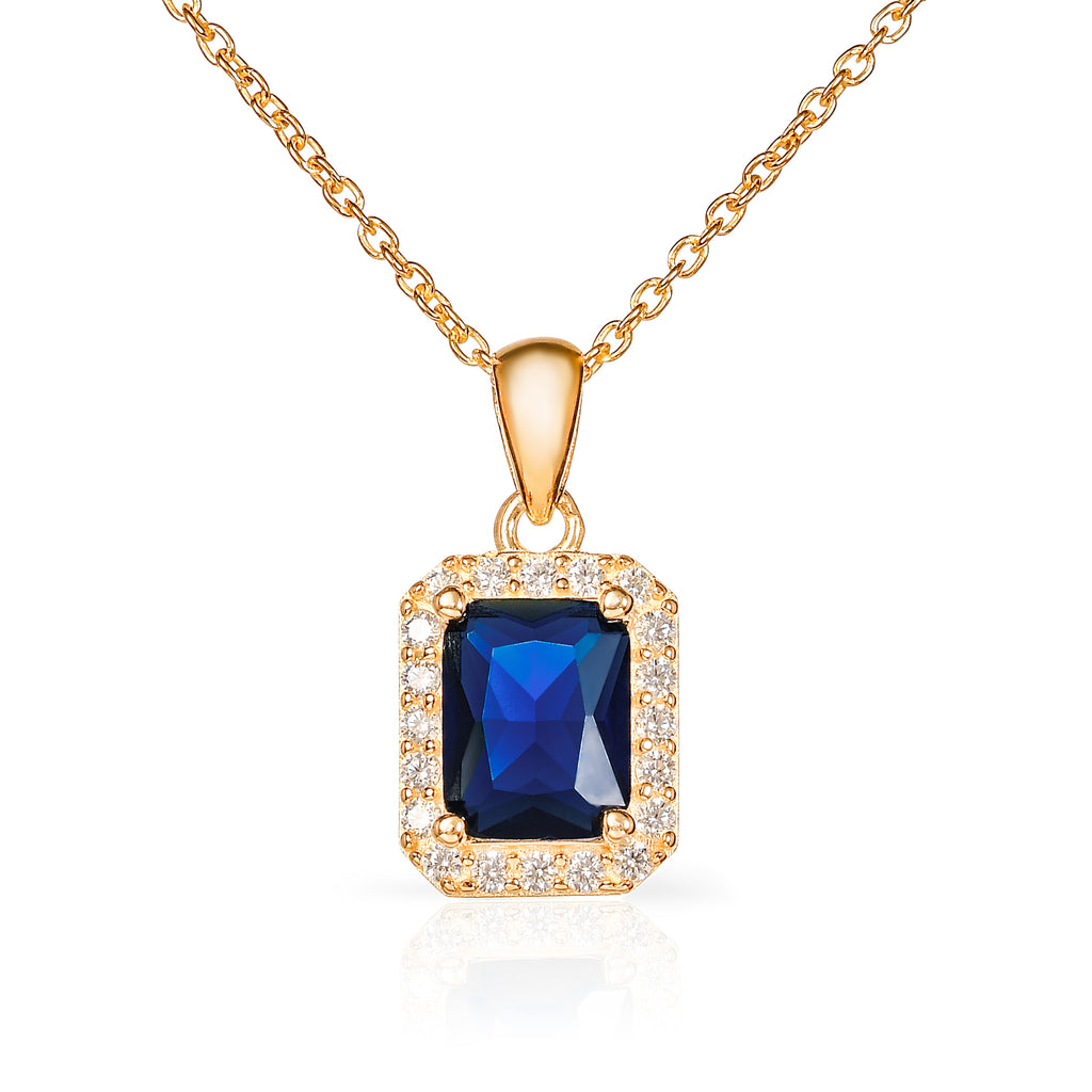 Gold Plated 925 Sterling Silver Blue Rectangle Halo Pendant Necklace For Women