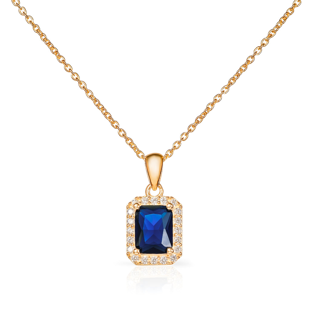 Gold Plated 925 Sterling Silver Blue Rectangle Halo Pendant Necklace For Women