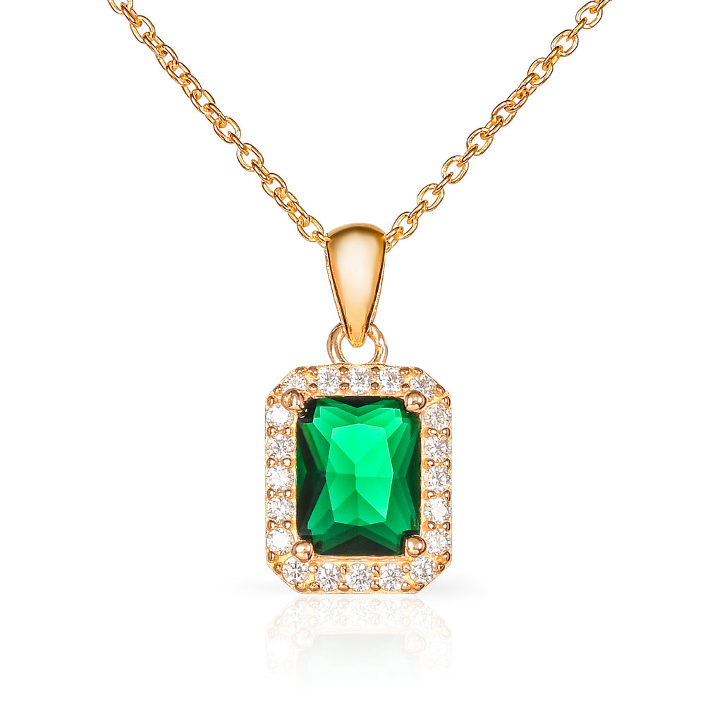 Gold Plated 925 Sterling Silver Green Rectangle Halo Pendant Necklace For Women