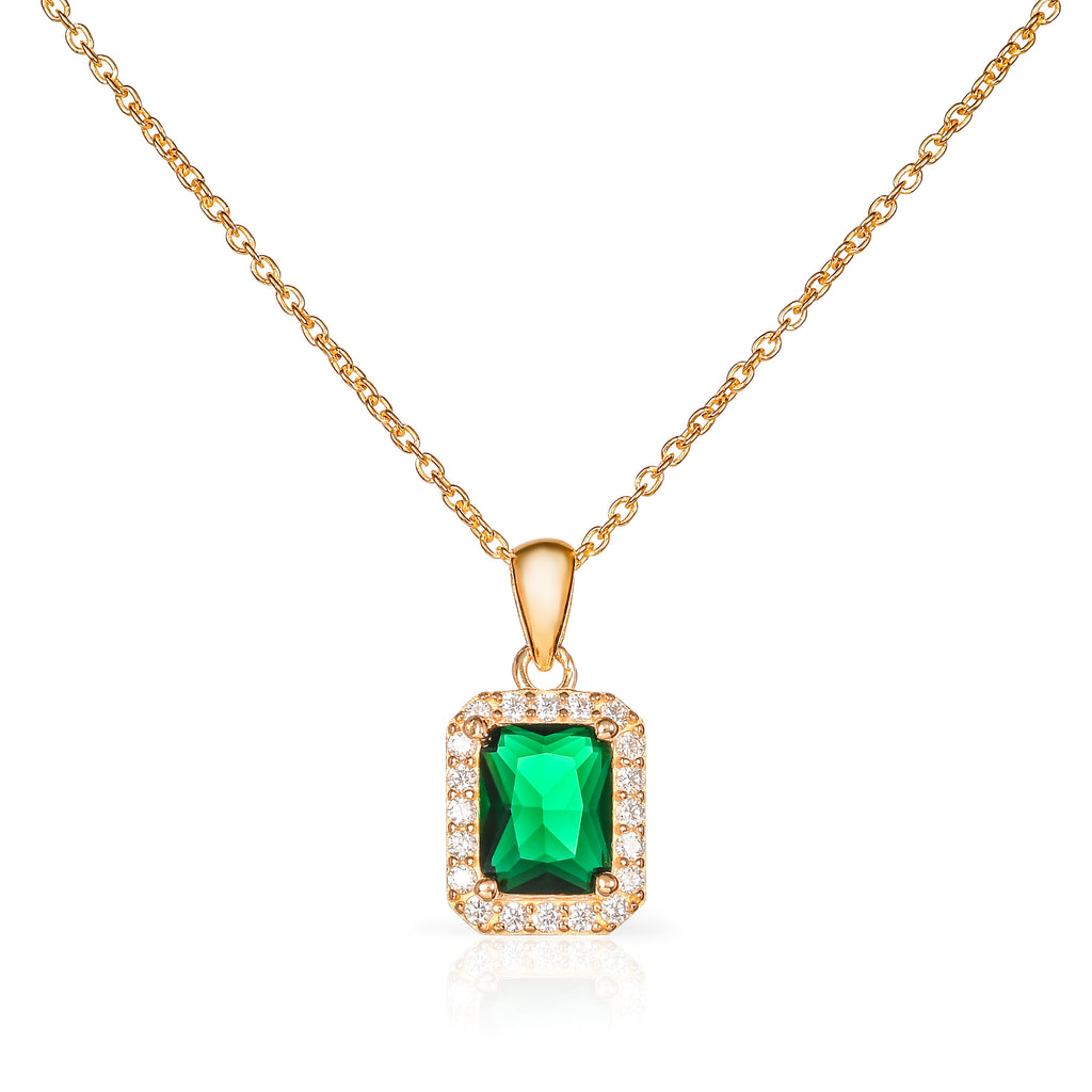 Gold Plated 925 Sterling Silver Green Rectangle Halo Pendant Necklace For Women