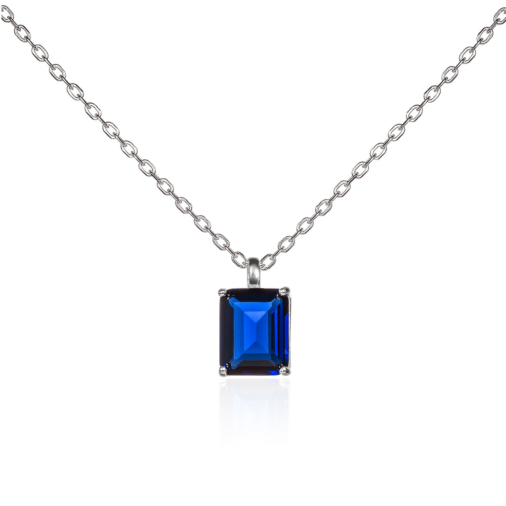 Dainty 925 Sterling Silver Rectangle Blue Solitaire Pendant Necklace For Women