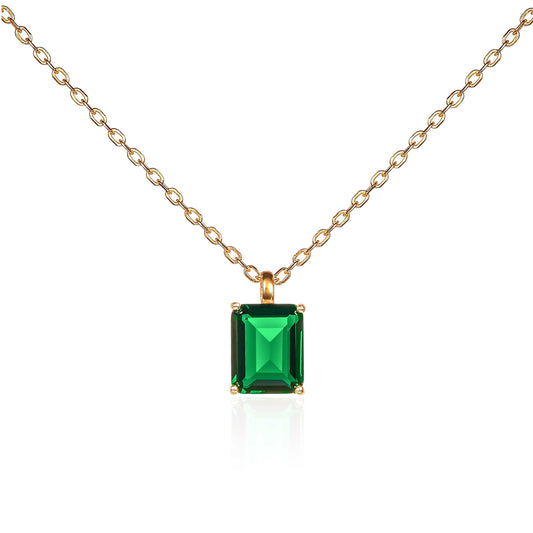 Gold Plated 925 Sterling Silver Green Rectangle Solitaire Pendant Necklace For Women
