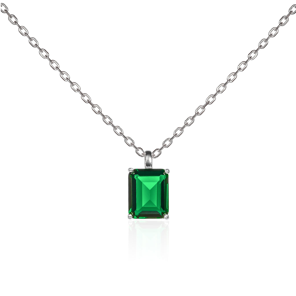 Dainty 925 Sterling Silver Green Rectangle Solitaire Pendant Necklace For Women