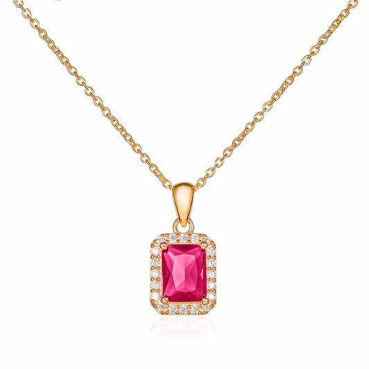 Gold Plated 925 Sterling Silver Red Rectangle Halo Pendant Necklace For Women