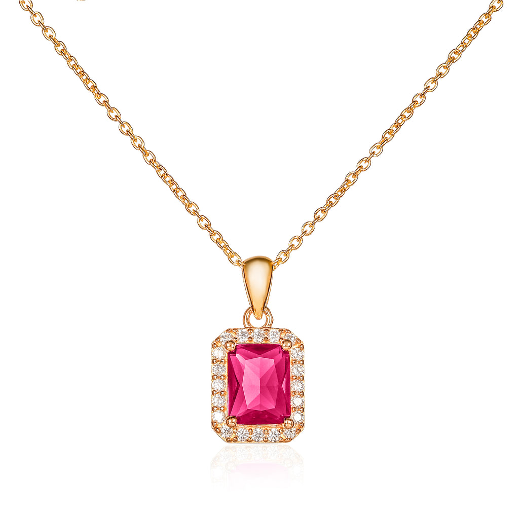 Gold Plated 925 Sterling Silver Red Rectangle Halo Pendant Necklace For Women