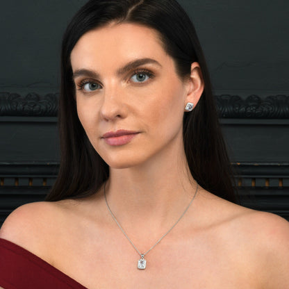 925 Sterling Silver Emerald Cut White Halo Pendant Necklace For Women
