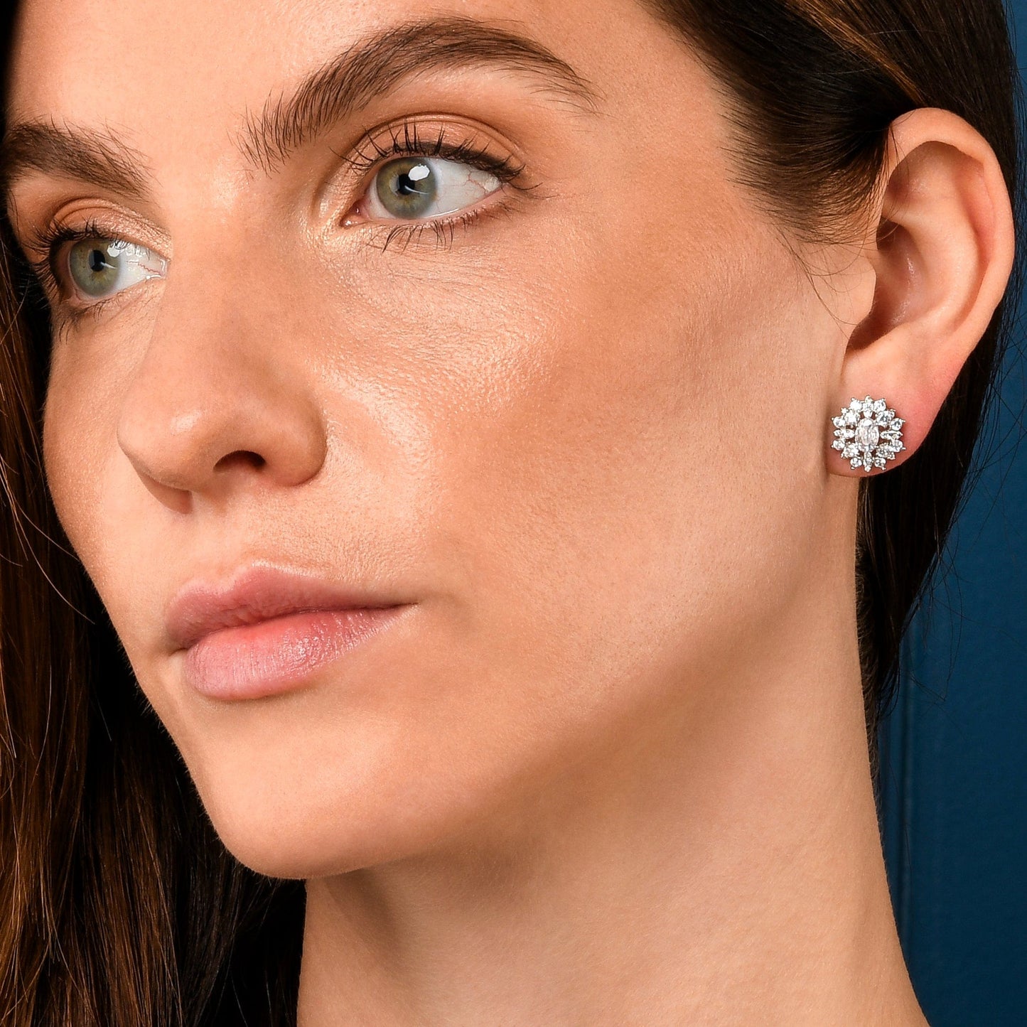 Oval Large Silver Stud Earrings for Women with Cubic Zirconia Stones
