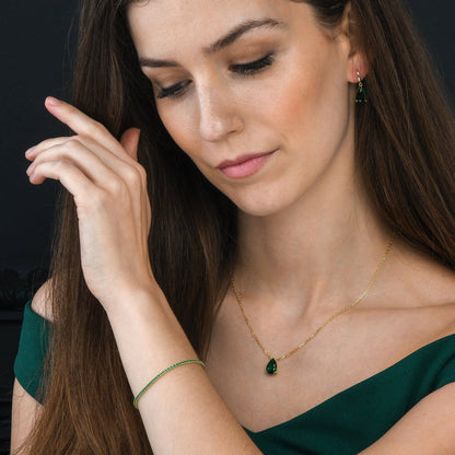 Gold Plated Green Pear Pendant Necklace for Women.