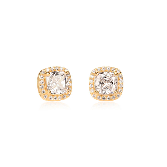 Gold Plated Sterling Silver Cushion Halo Stud Earrings With Cubic Zirconia For Women