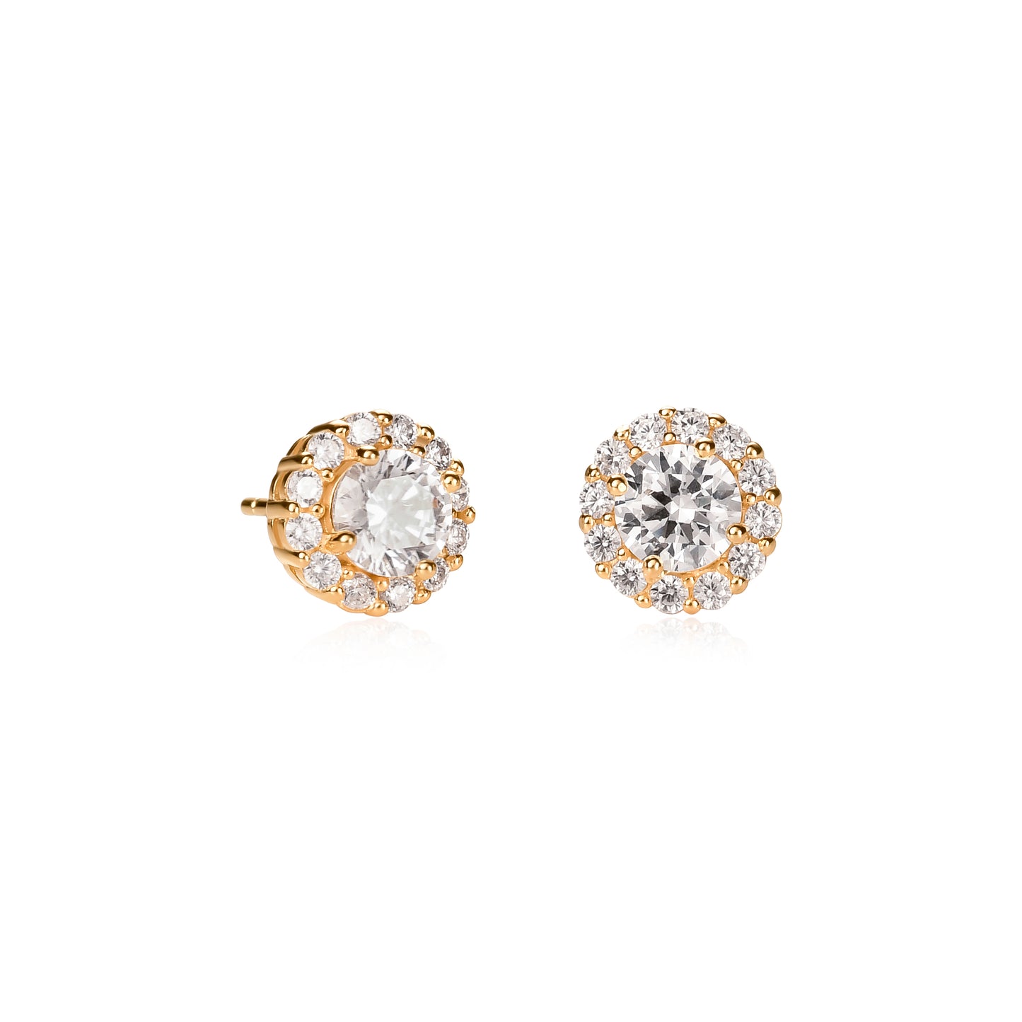 Gold Plated Sterling Silver Cubic Zirconia Round Halo Stud Earrings