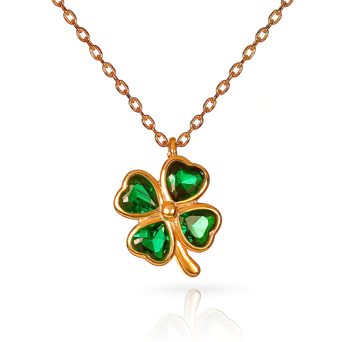 Gold Green Four Leaf Clover Pendant Necklace with Green CZ Hearts