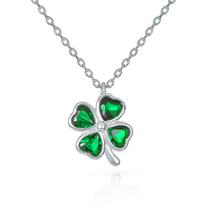 Silver Green Four Leaf Clover Pendant Necklace with Green CZ Hearts