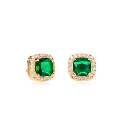 Gold Plated Sterling Silver Green Cubic Zirconia Cushion Halo Stud Earrings