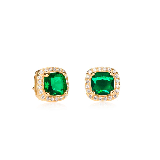 Gold Plated Sterling Silver Green Cubic Zirconia Cushion Halo Stud Earrings