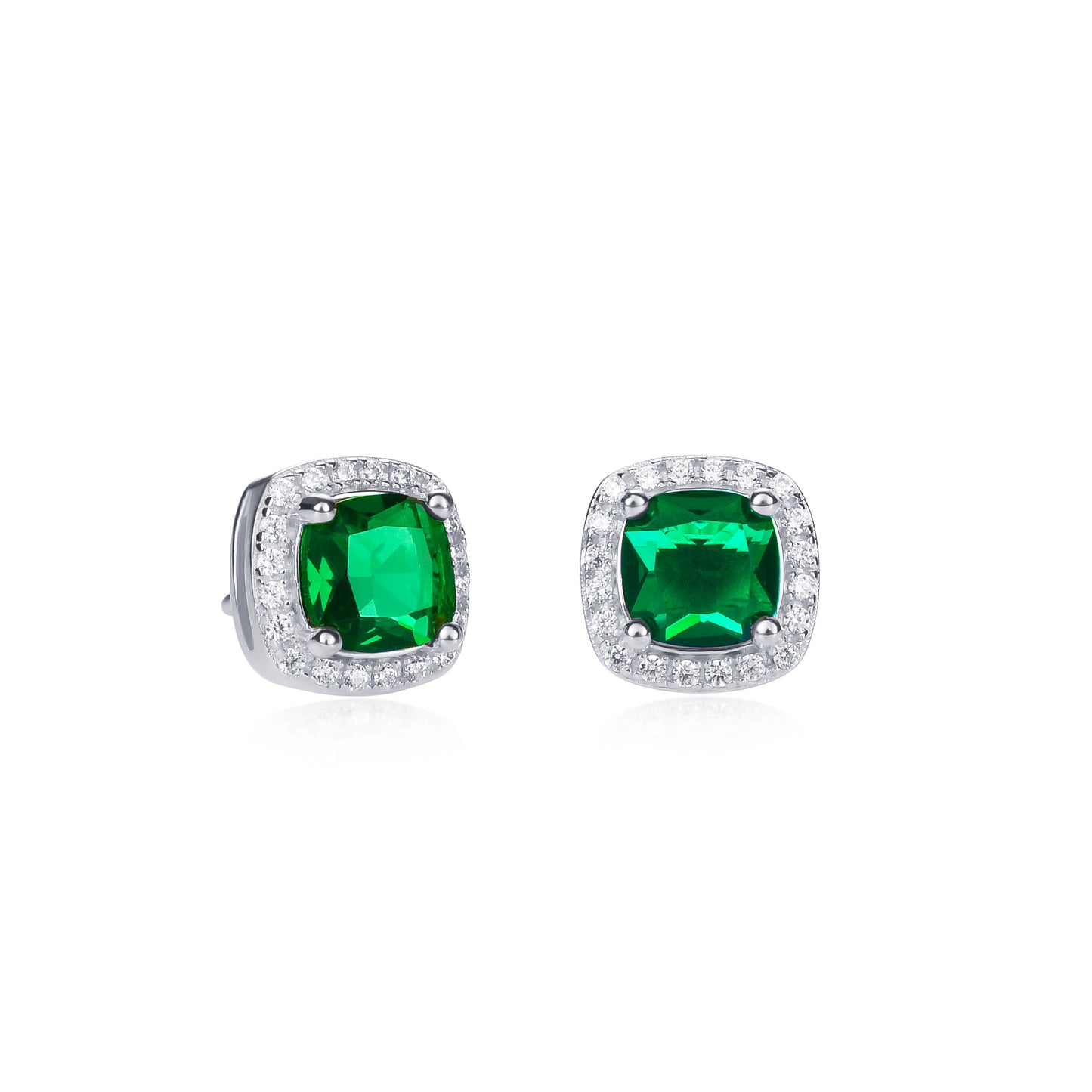 925 Sterling Silver Green Cubic Zirconia Cushion Halo Stud Earrings