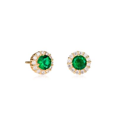 Gold Plated Sterling Silver Green Cubic Zirconia Round Halo Stud Earrings