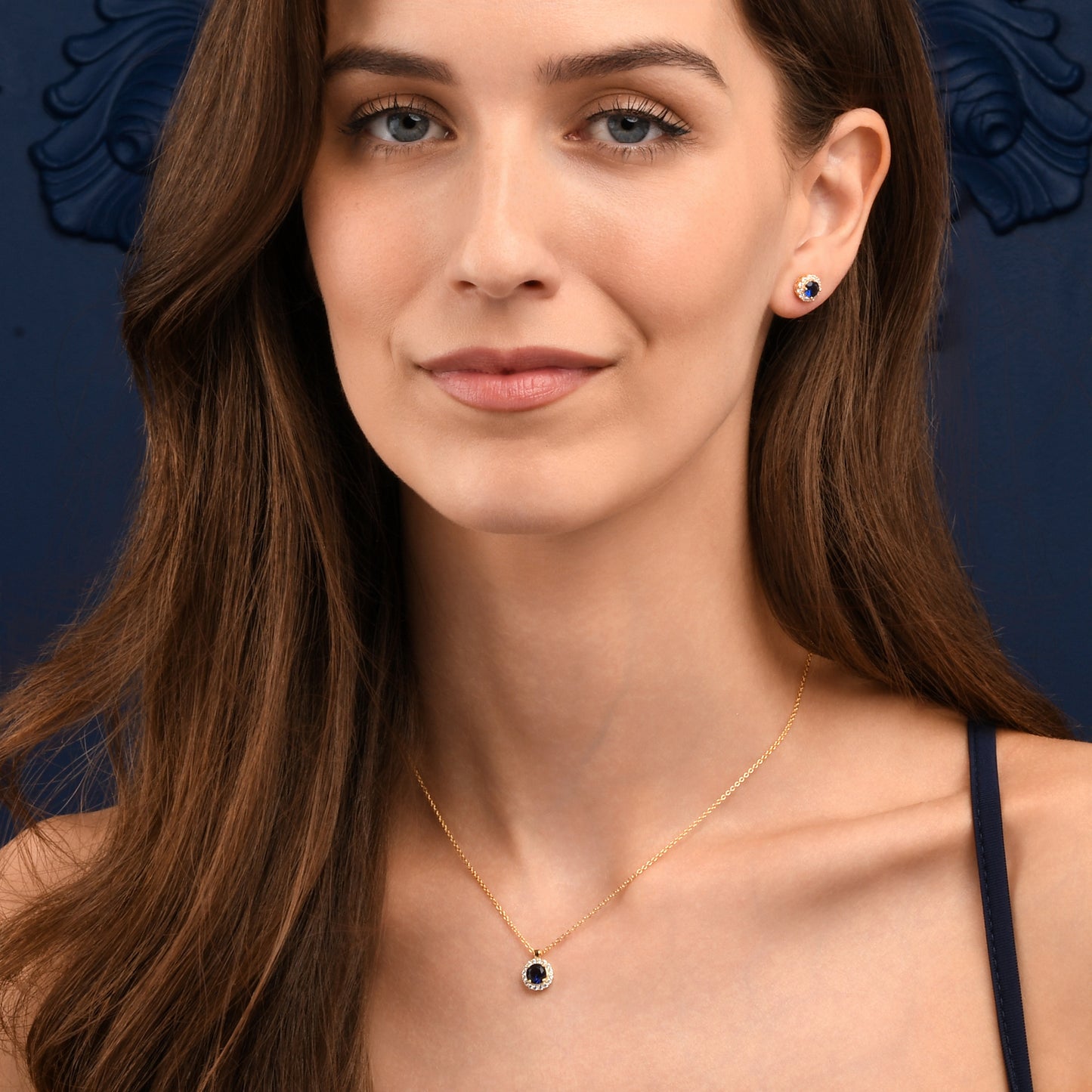 Gold Plated Sterling Silver Blue Cubic Zirconia Round Halo Pendant Necklace