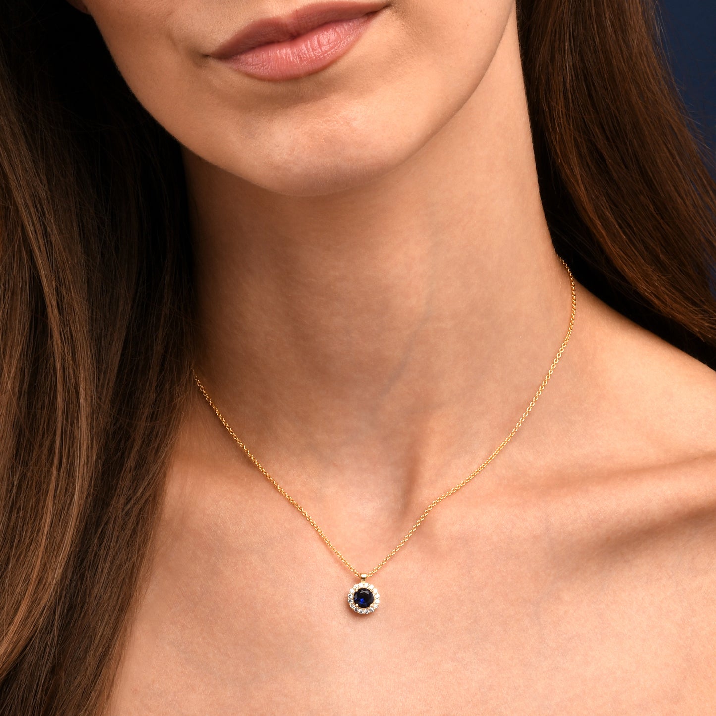 Gold Plated Sterling Silver Blue Cubic Zirconia Round Halo Pendant Necklace