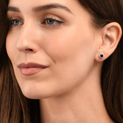 Gold Plated Sterling Silver Blue Cubic Zirconia Round Halo Stud Earrings