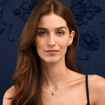 925 Sterling Silver Blue Cubic Zirconia Round Halo Pendant Necklace