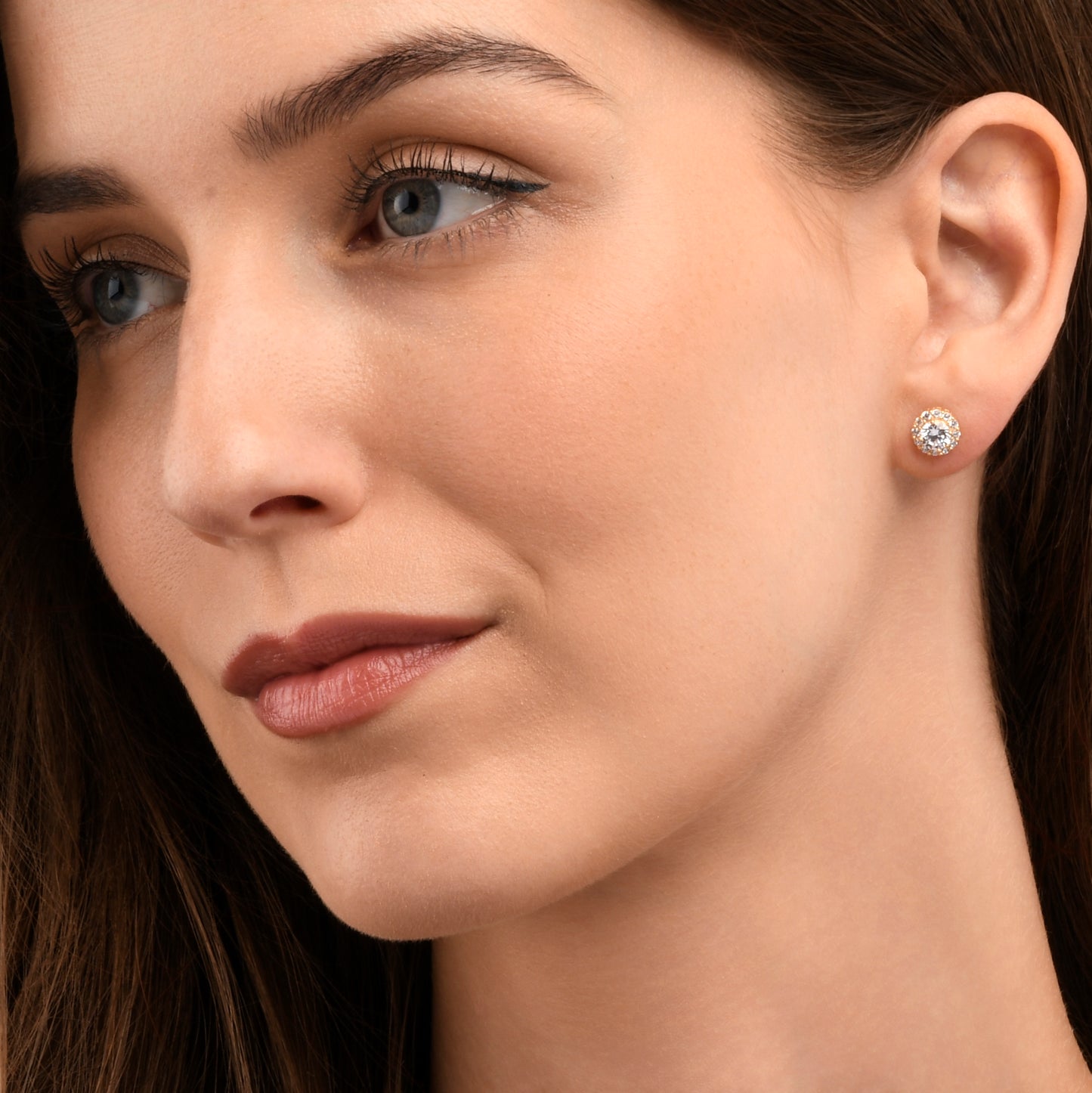 Gold Plated Sterling Silver Cubic Zirconia Round Halo Stud Earrings