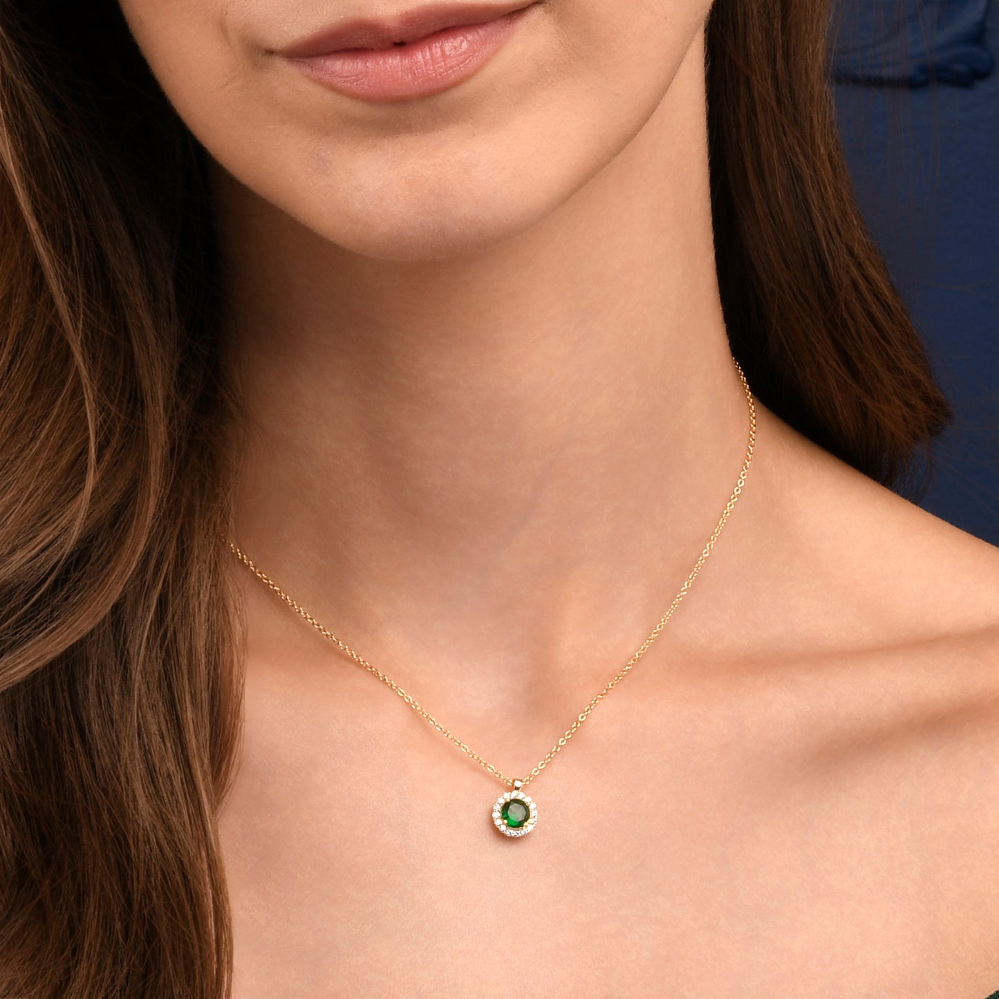 Gold Plated Sterling Silver Green Cubic Zirconia Round Halo Pendant Necklace