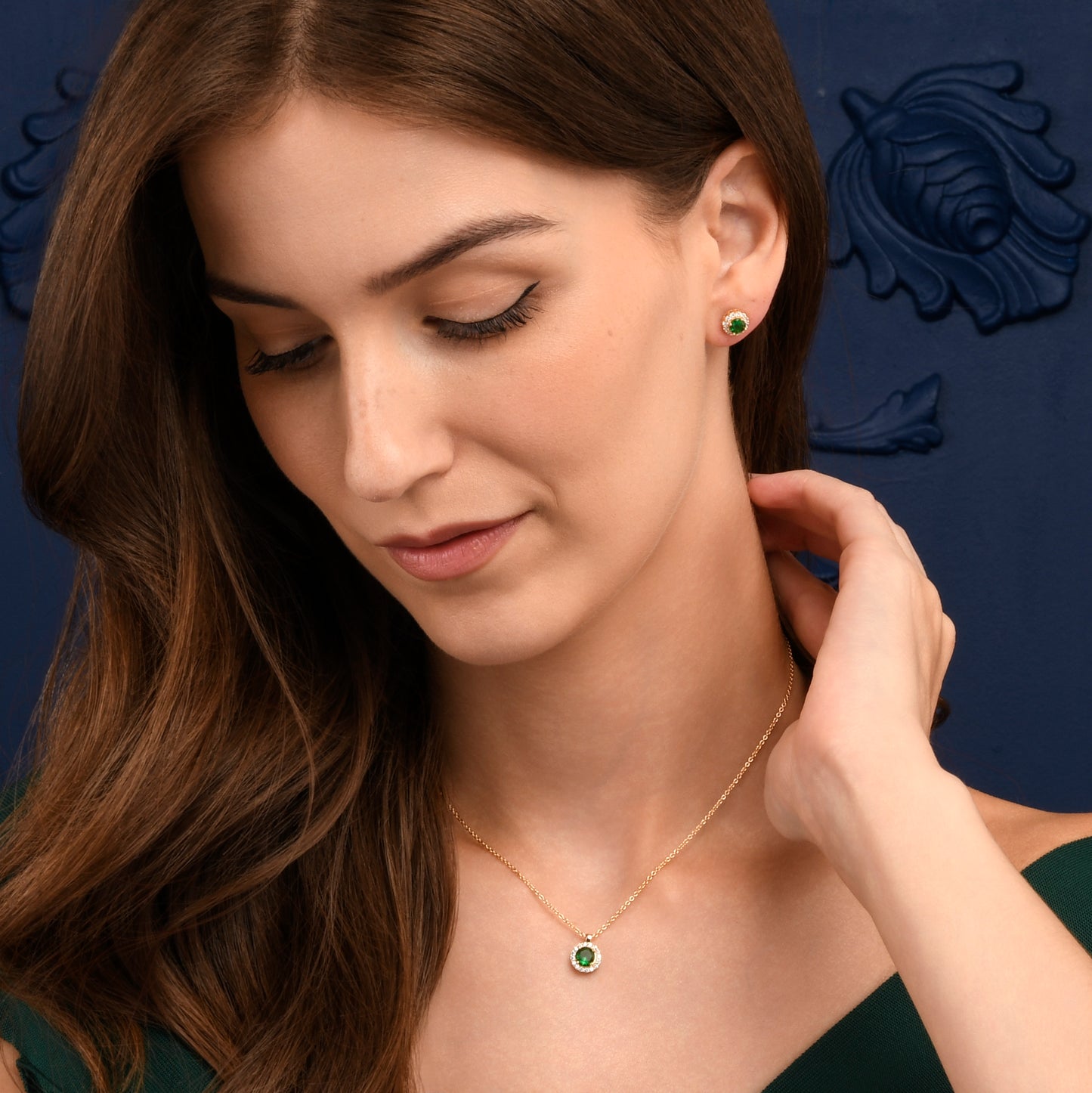 Gold Plated Sterling Silver Green Cubic Zirconia Round Halo Pendant Necklace