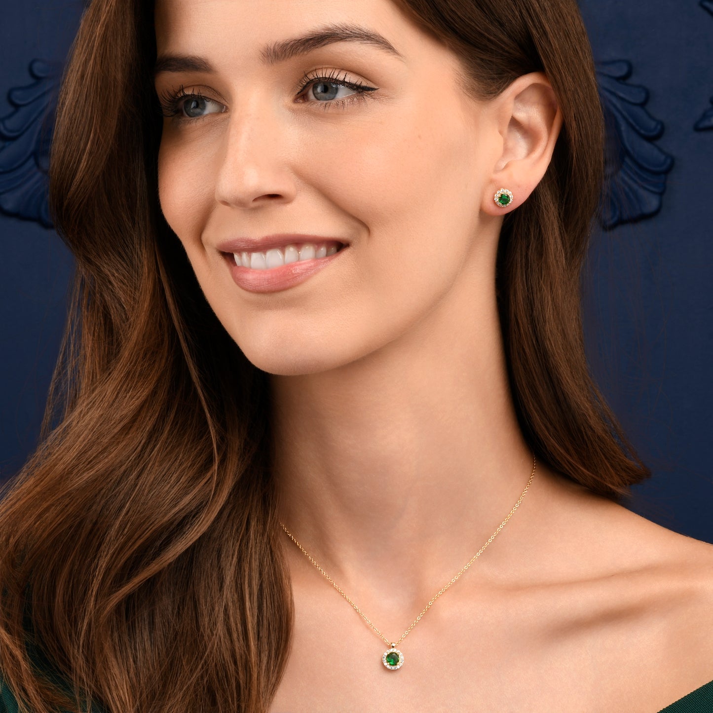 Gold Plated Sterling Silver Green Cubic Zirconia Round Halo Stud Earrings