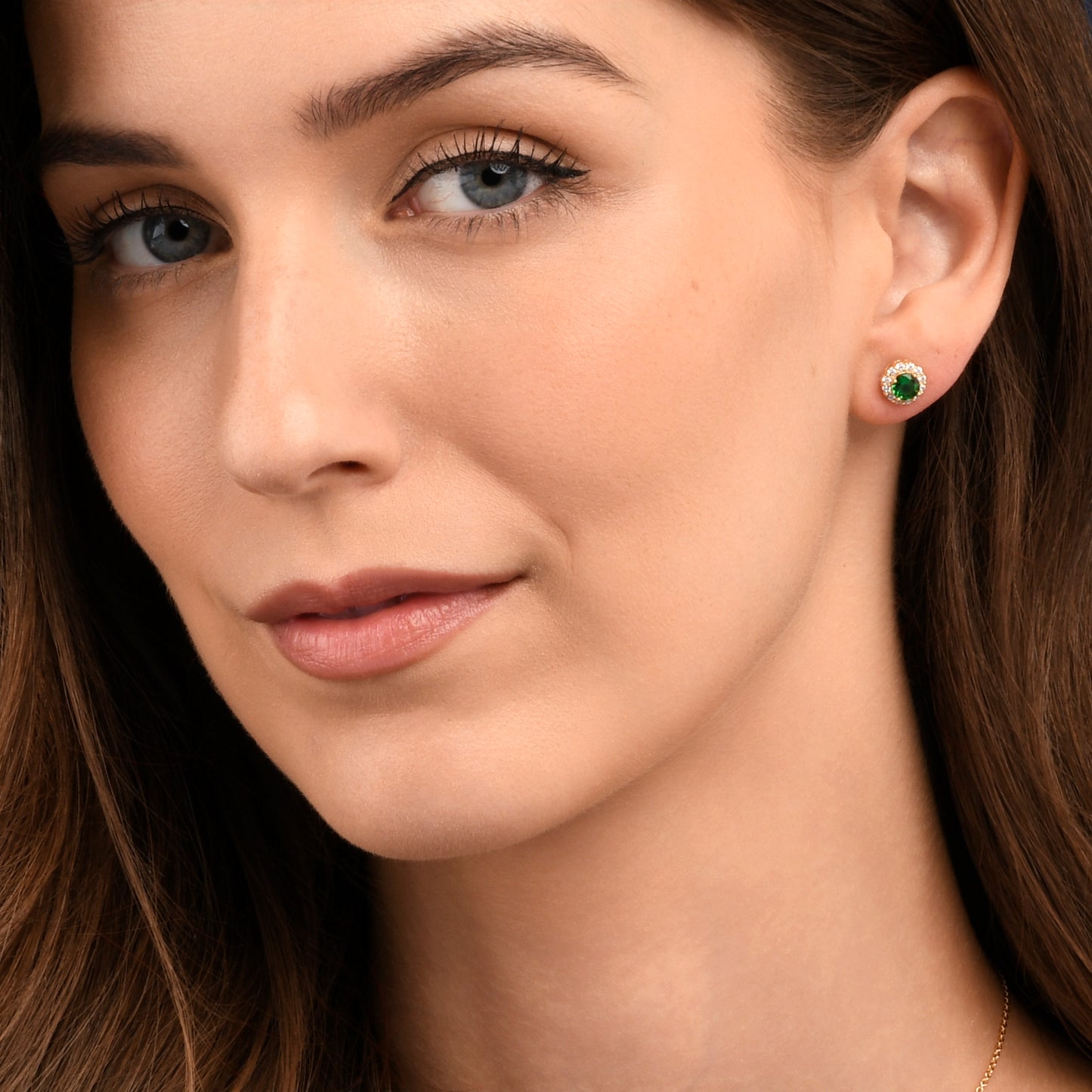 Gold Plated Sterling Silver Green Cubic Zirconia Round Halo Stud Earrings