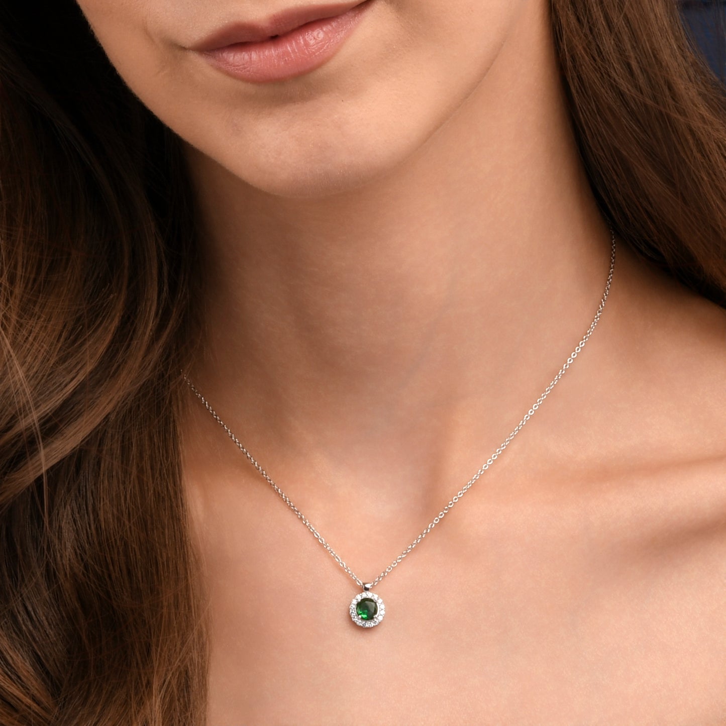 925 Sterling Silver Green Cubic Zirconia Round Halo Pendant Necklace