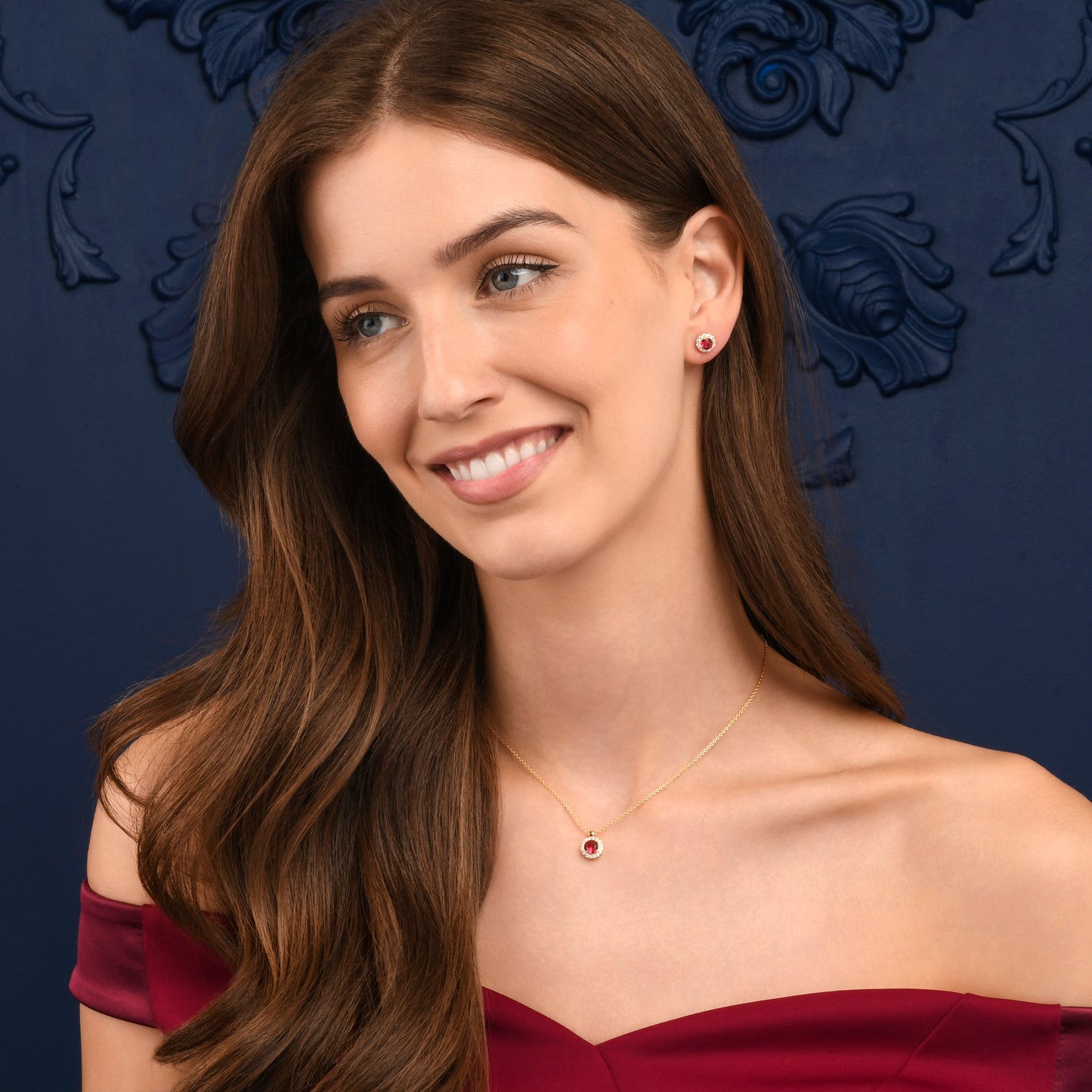 Gold Plated Sterling Silver Red Cubic Zirconia Round Halo Stud Earrings