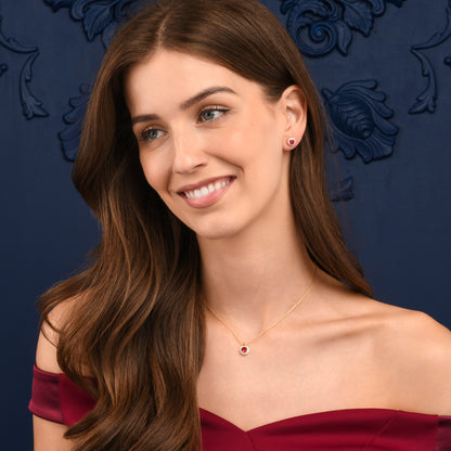 Gold Plated Sterling Silver Red Cubic Zirconia Round Halo Stud Earrings