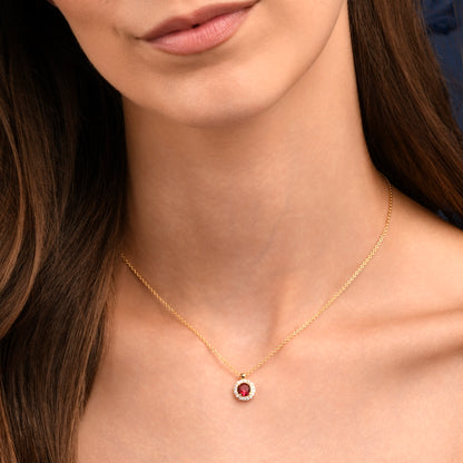 Gold Plated Sterling Silver Red Cubic Zirconia Round Halo Pendant Necklace