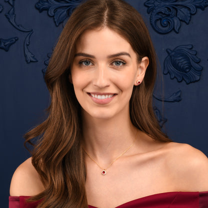 Gold Plated Sterling Silver Red Cubic Zirconia Round Halo Stud Earrings