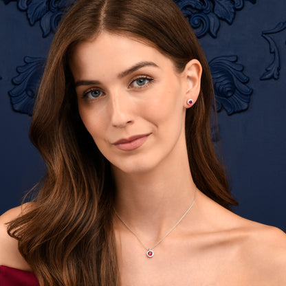 925 Sterling Silver Red Cubic Zirconia Round Halo Pendant Necklace